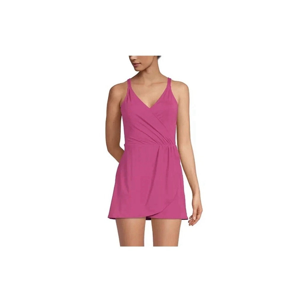 Lands End Womens Pink Wrap One Piece Swim Dress Tulip Hem Adjustable Straps XS